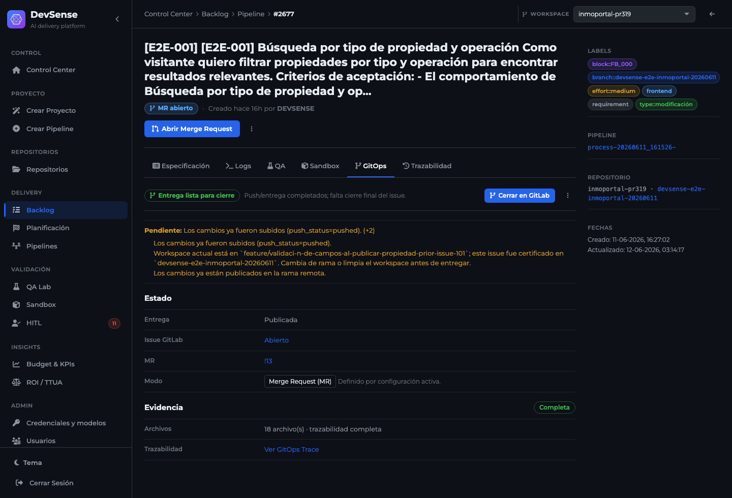 Detalle de un cambio en la plataforma DevSense