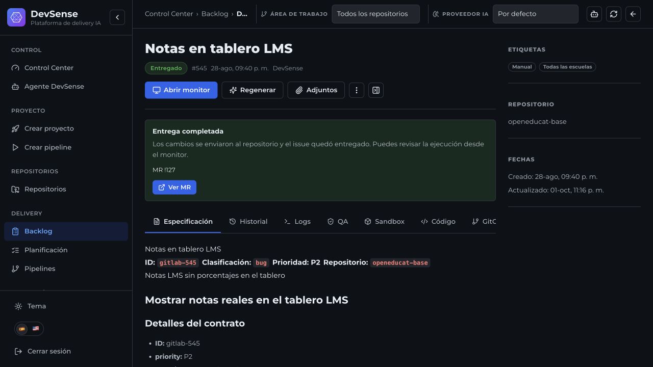 Delivery status and access to the merge request in DevSense