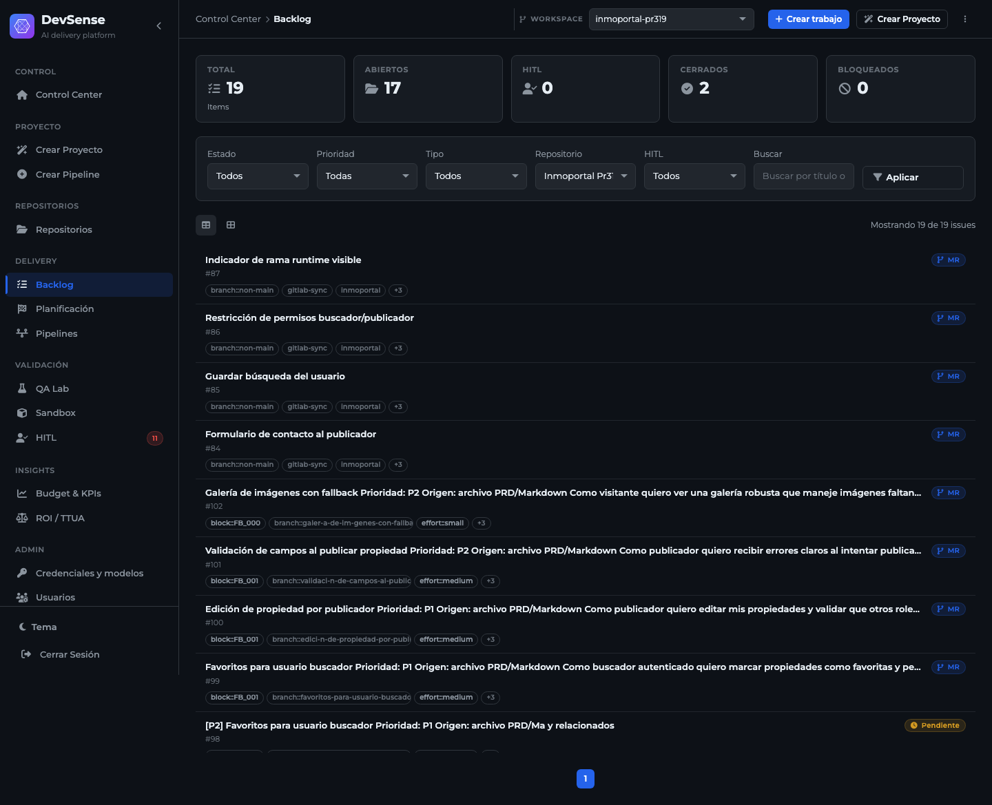 DevSense requirements panel with work status and access to pull or merge requests