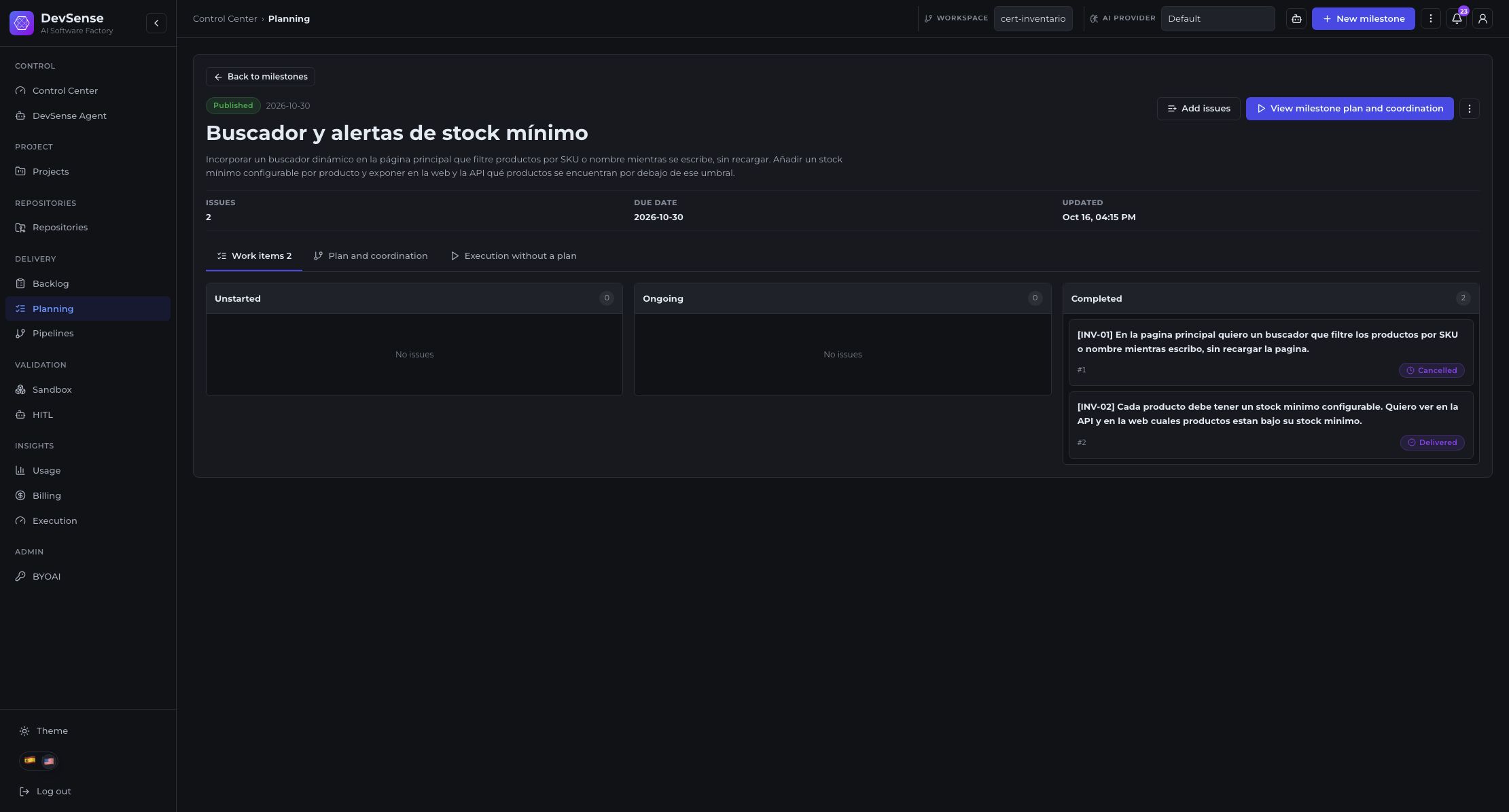 DevSense milestone board with completed work and requirement status