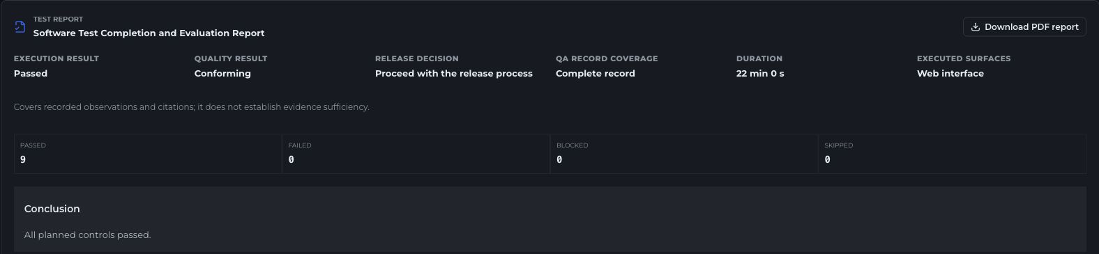DevSense QA report with results, evaluated checks and test conclusions