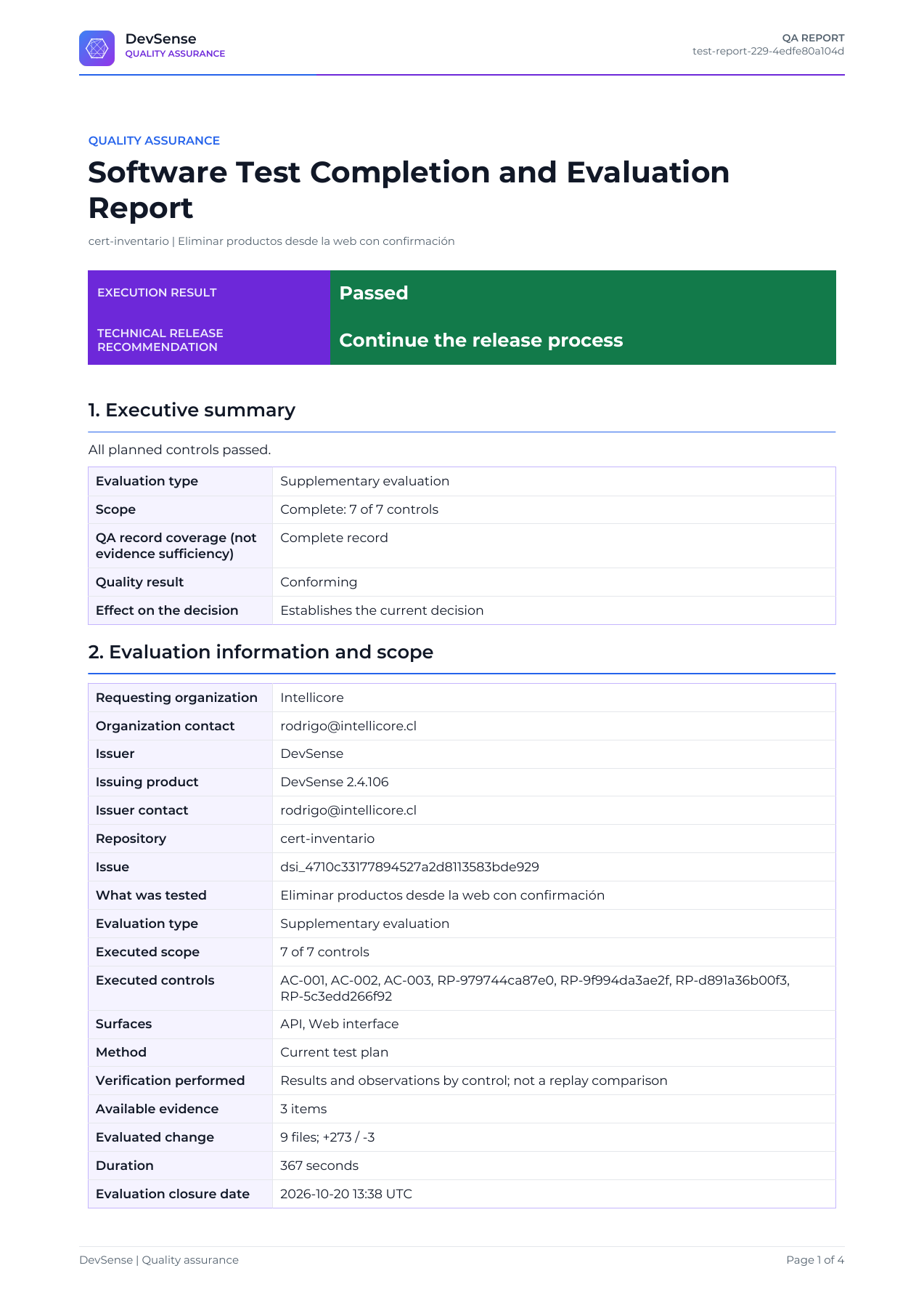 First page of the DevSense QA report showing validation scope and results
