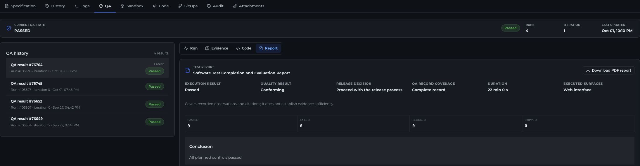 DevSense QA workspace with test history, results and validation report