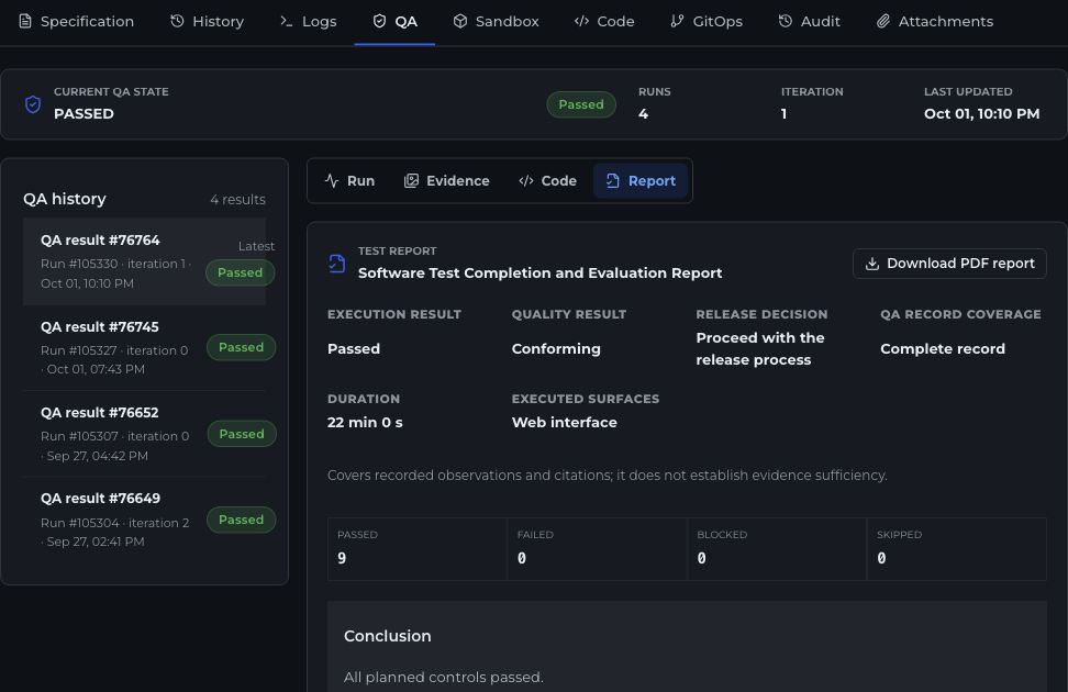 DevSense QA workspace with history, results and test report