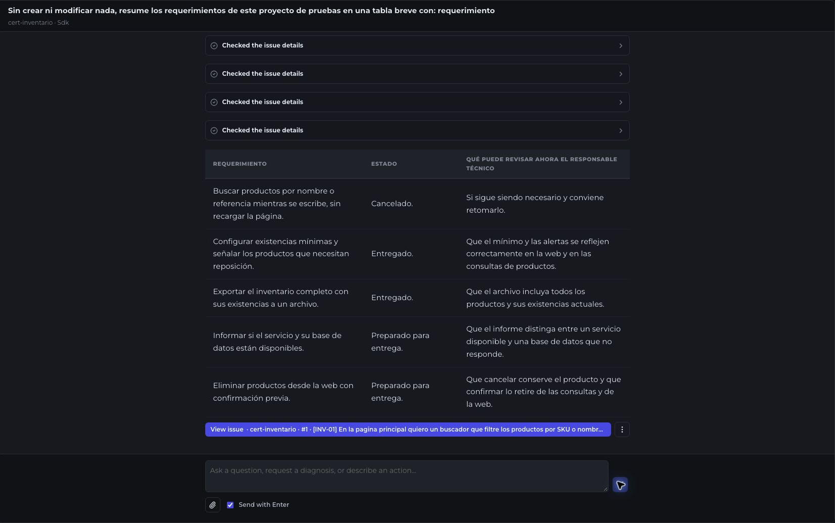 Copilot response listing requirements, their status and what to review before approval