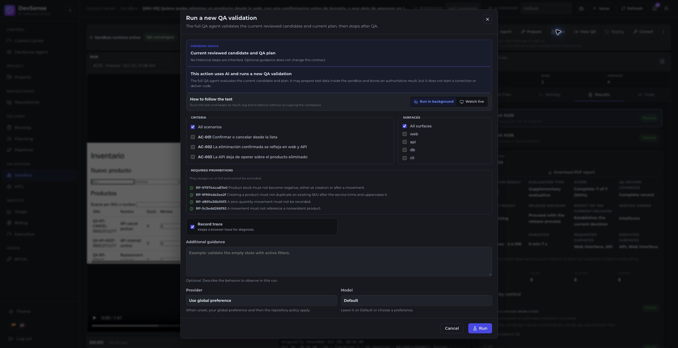 QA validation dialog with scenarios, Web, API, database and CLI options