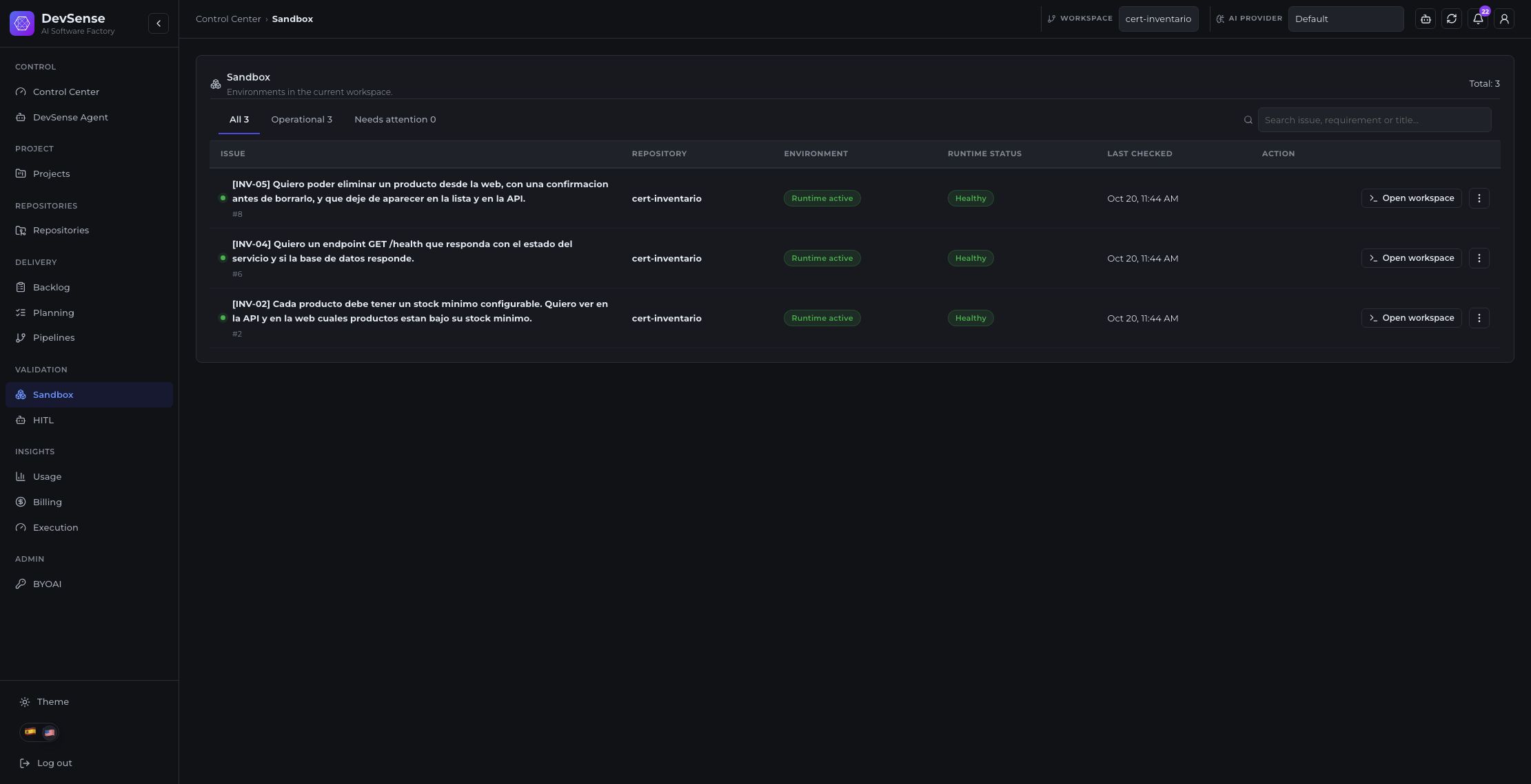 DevSense Sandbox list with available test environments