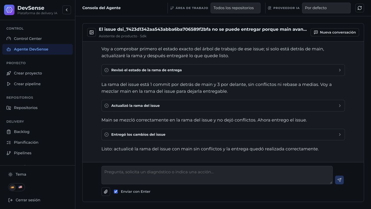 Conversación real: el agente revisa la rama, la actualiza sin conflictos y confirma la entrega
